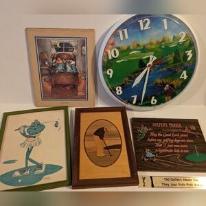 Lot of golf golfing wall hangers. Clock and framed items. Wood handmade piece